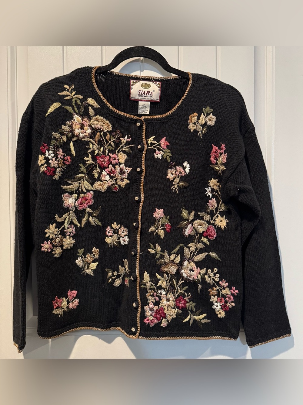 Tiara Black Floral Embroidered Button-Front Cardigan